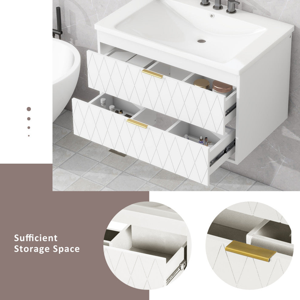 30'' Floating Bathroom Vanity with Resin Sink,Mounted Bathroom Storage Cabinet, White