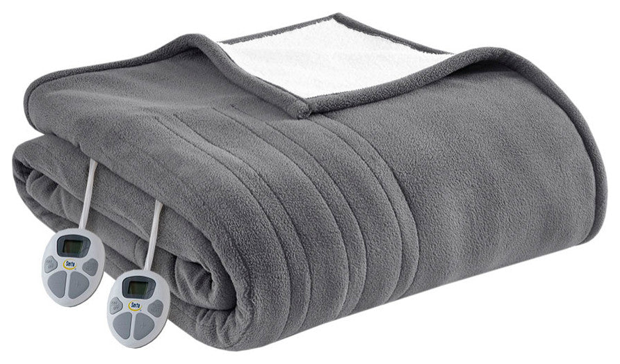Serta Fleece to Sherpa Heated Fleece and Sherpa Bedding Blanket, Dark Grey