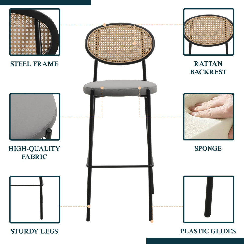 LeisureMod Euston Wicker Bar Stool With Black Steel Frame and Footrest, Gray