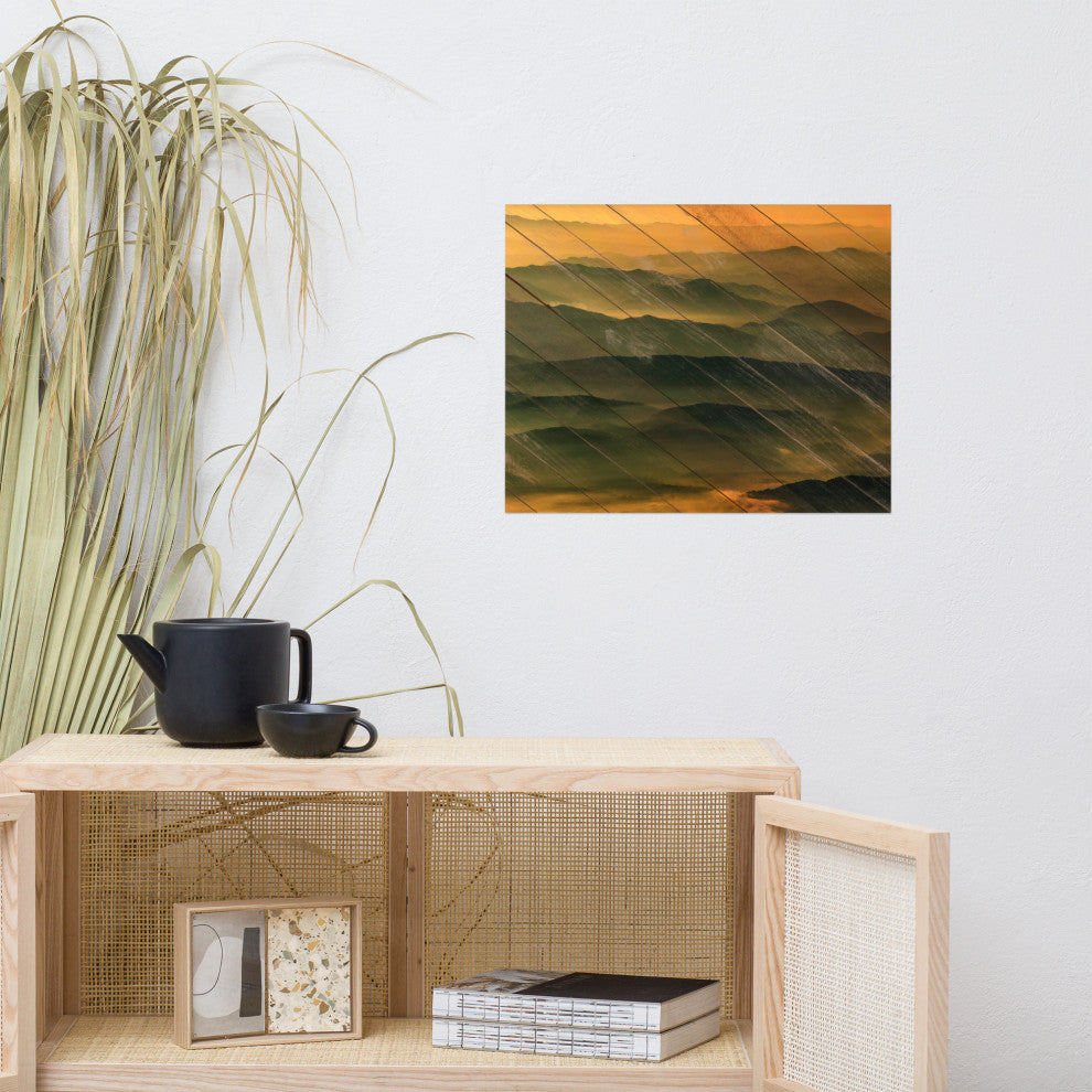 Faux Wood Foggy Mountain Layers at Sunset Landscape Unframed Wall Art Prints, 16" X 20"