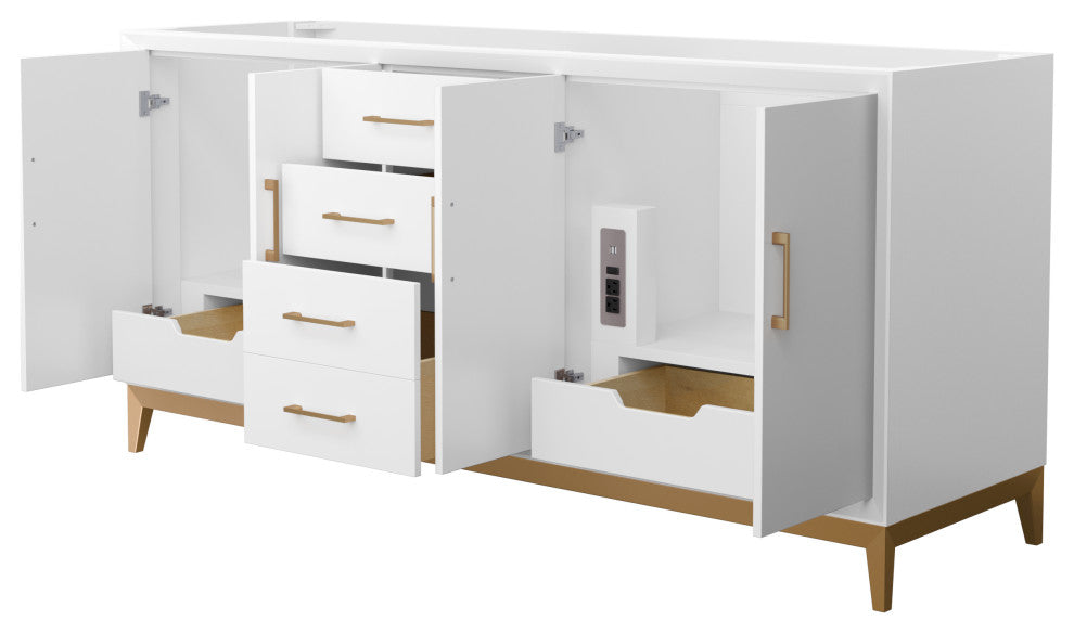 Amici 72" White Double Vanity, No Top, No Sink, Satin Bronze Trim