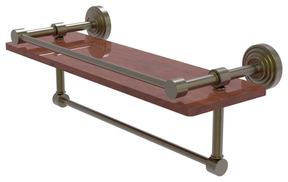 Waverly Place 16" Wood Shelf with Gallery Rail and Towel Bar, Antique Brass