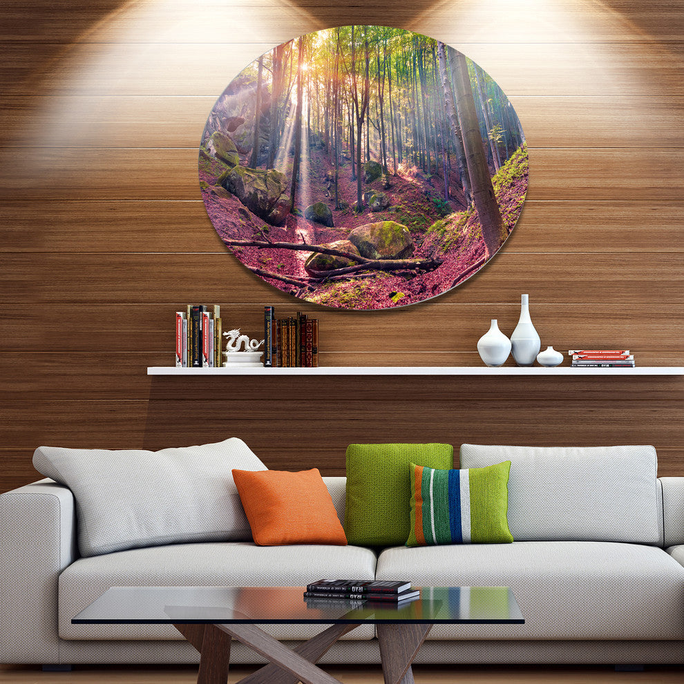 Autumn Morning In Mystical Woods, Landscape Art Disc Metal Artwork, 11"