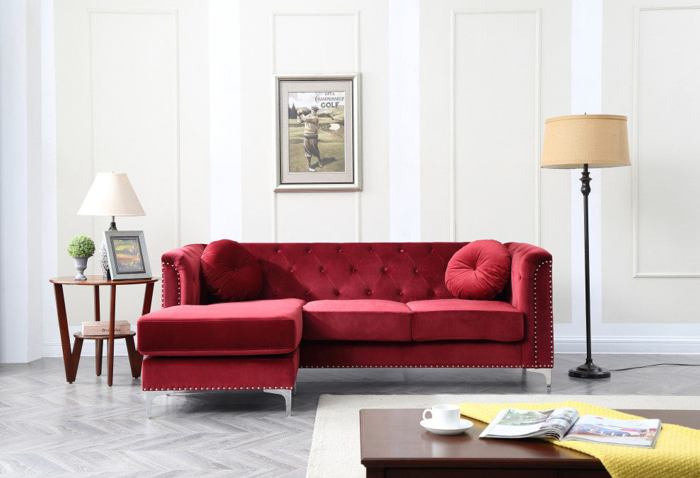 Pompano 83 in. Burgundy Tufted Velvet Sectional With 2-Throw Pillow