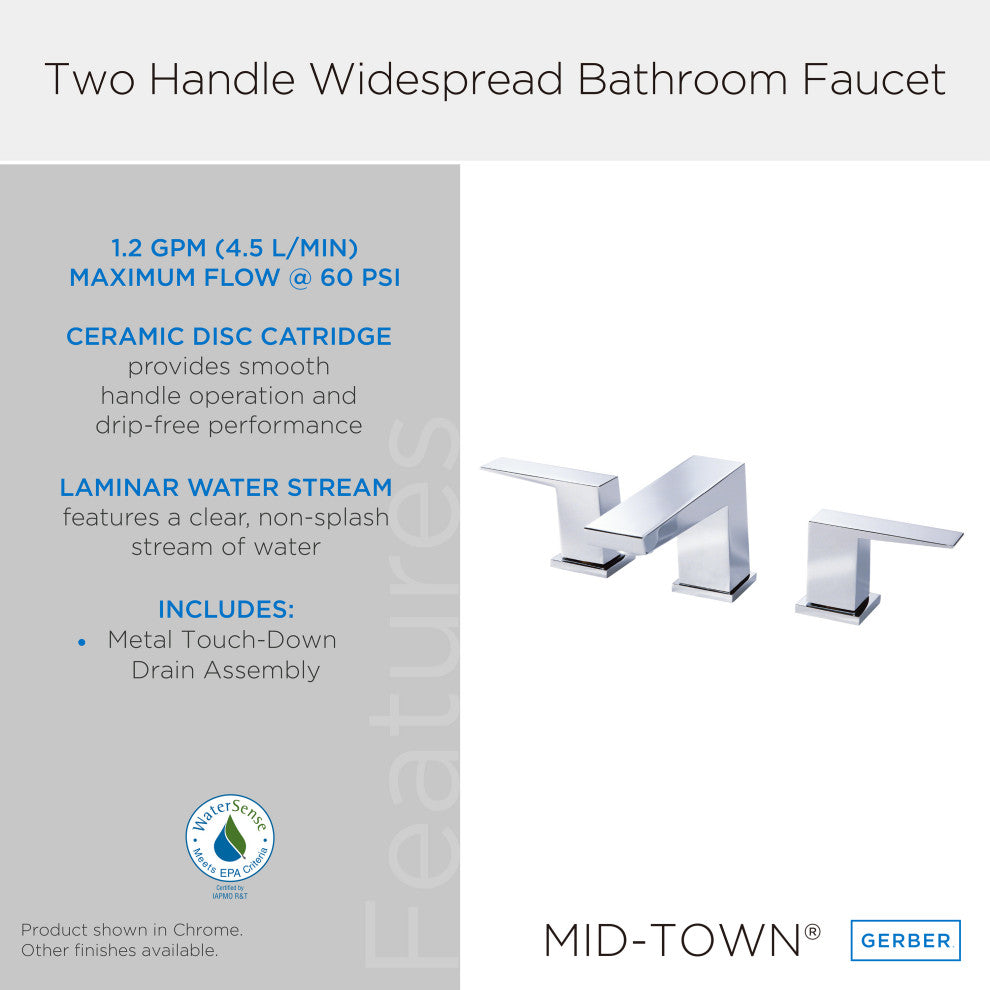 Mid-Town Two Handle Widespread Lavatory Faucet Chrome, Brushed Nickel