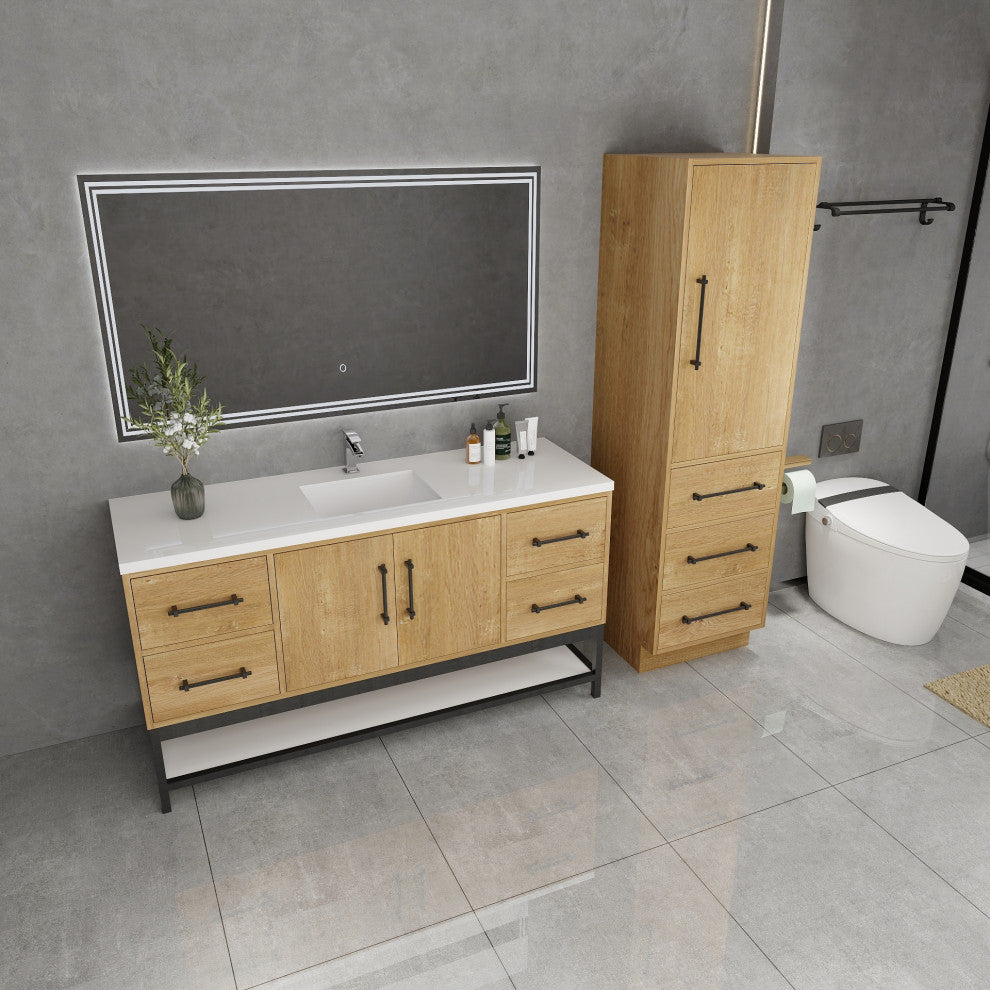 Victoria 60'' Solid Wood Open Shelf Bath Vanity Single Sink, Oak