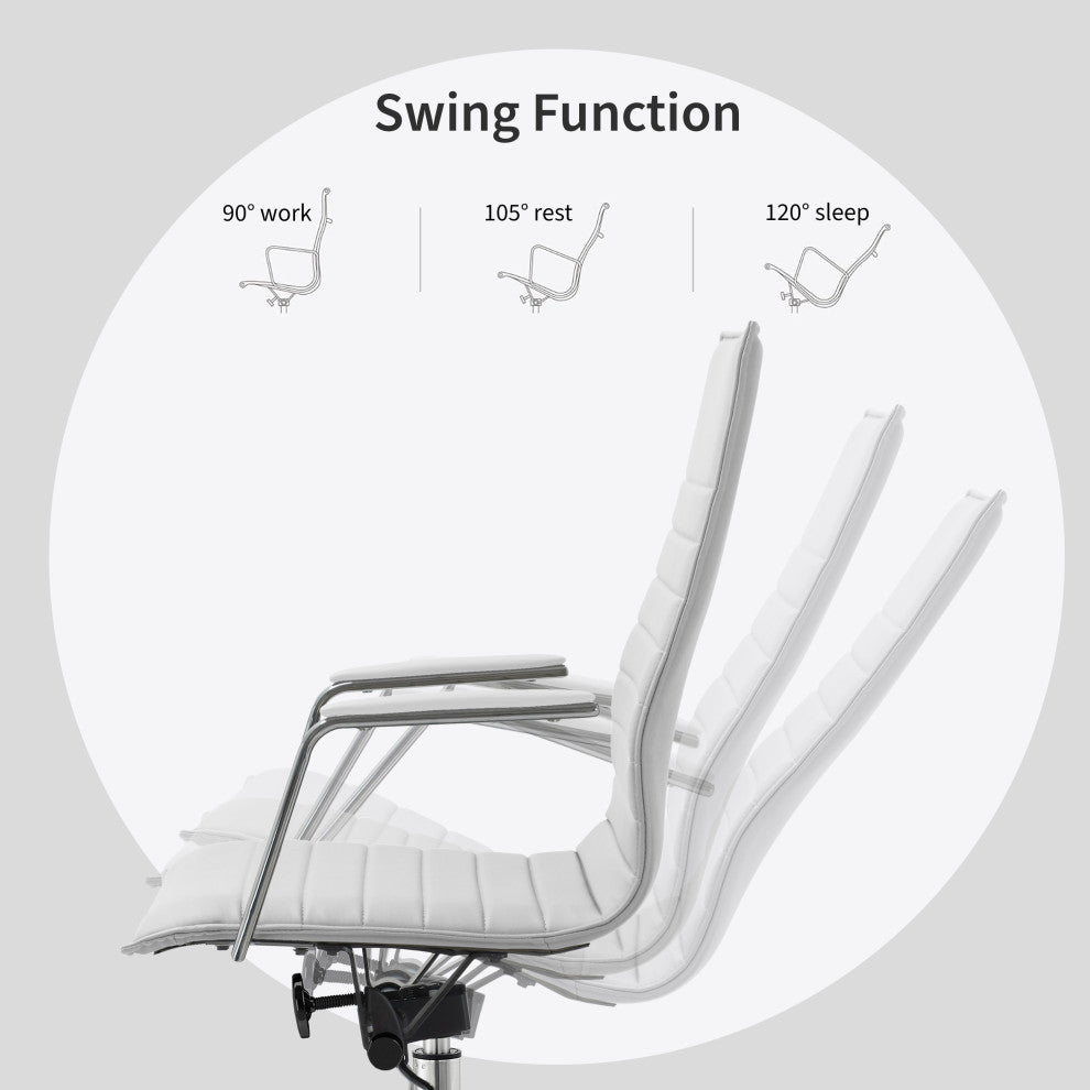 High Back Office Desk Chair, Ribbed PU Leather Computer Armchair, White