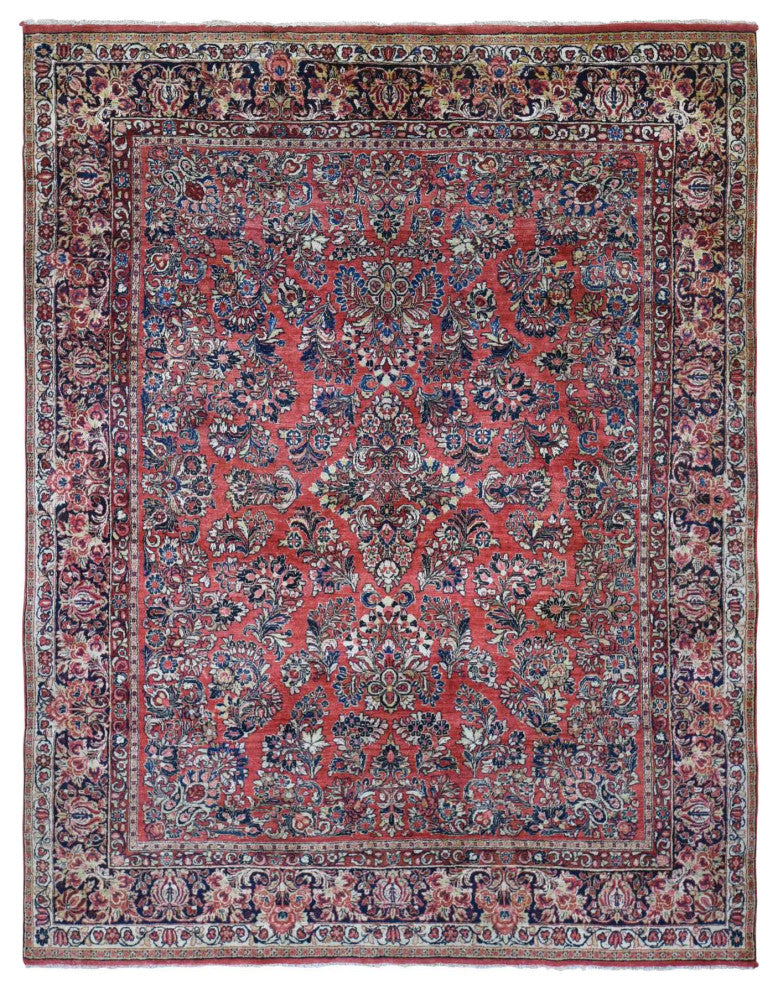 Tomato Red, Persian Sarouk Soft Wool Hand Knotted Oriental Rug, 7'10" x 9'10"