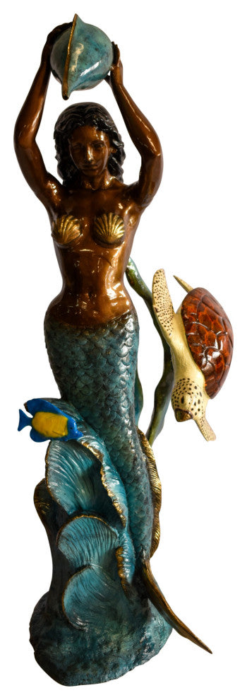 Mermaid With Clown fish and Turtle Bronze Fountain Statue 32" x 19" x 60"H