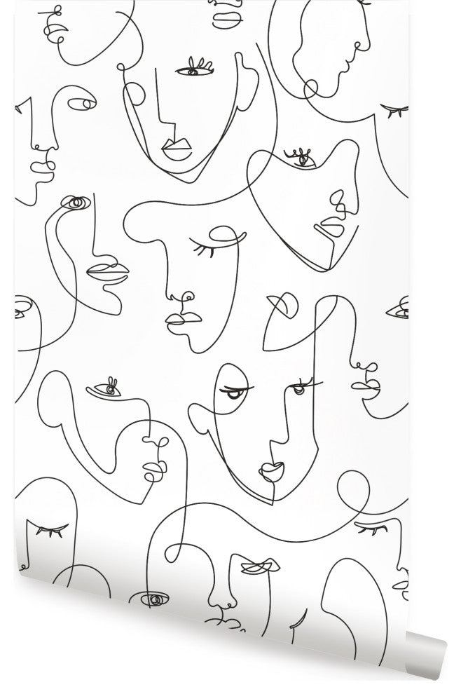 Minimalist Faces Line Art Peel and Stick Vinyl Wallpaper, Black, 24"w X 60"h