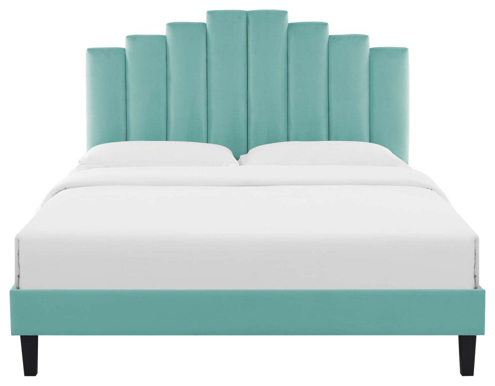 Platform Bed Frame, Twin Size, Velvet, Blue, Modern Contemporary, Bedroom Master