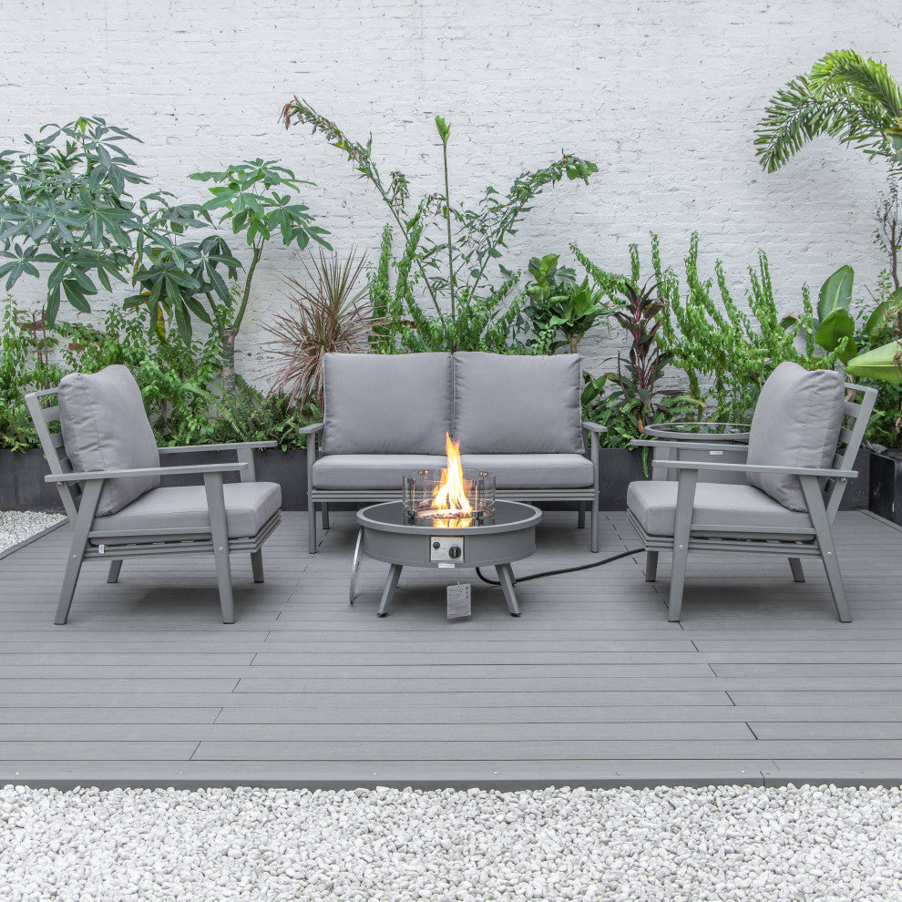 LeisureMod Walbrooke Grey Patio Sofa Set With Round Fire Pit Table, Grey