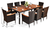 9PCS Patio Rattan Dining Set  8 Chairs Cushioned Acacia Table Top