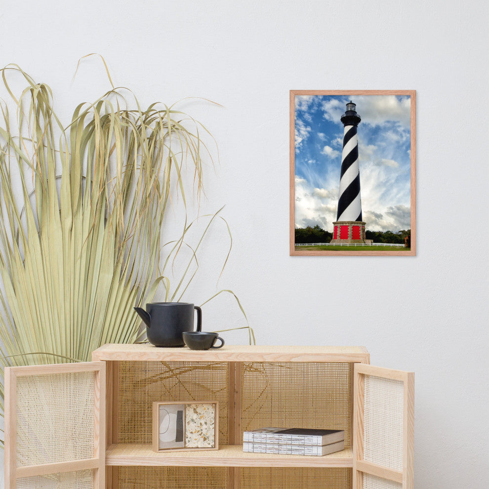 Cape Hatteras Lighthouse Coastal Landscape Framed Photo Paper Wall Art Prints, Red Oak, 18" X 24"