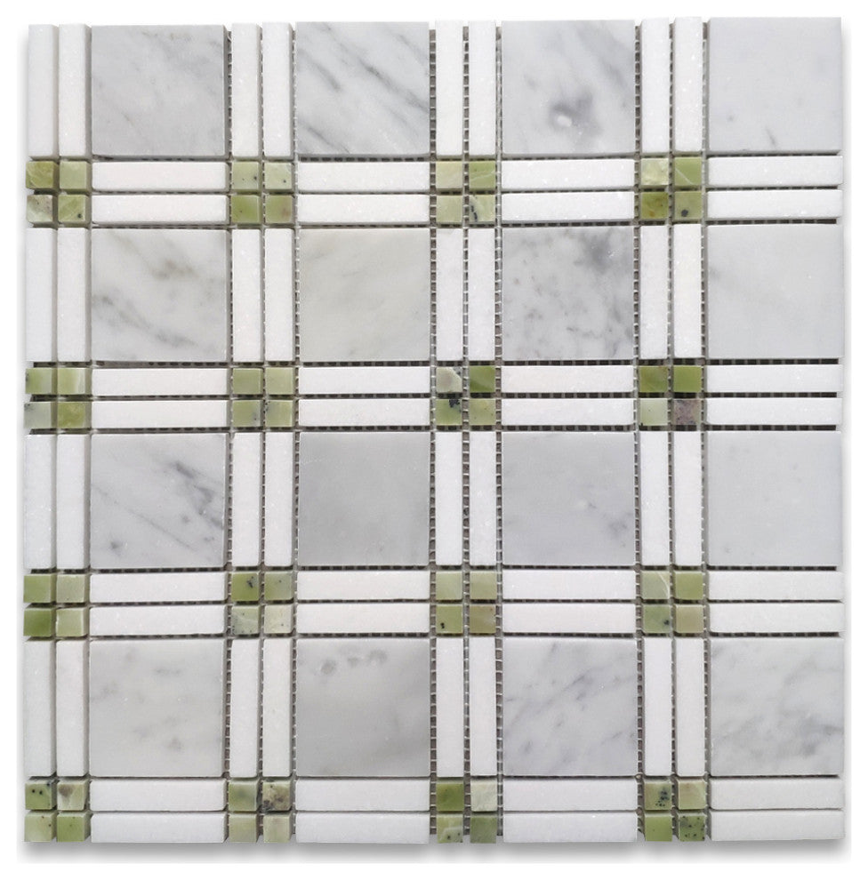 Carrara White Marble Plaid Tartan Mosaic Tile Green Thassos Polished, 1 sheet
