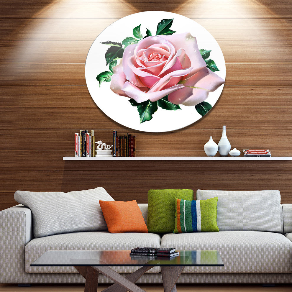 Watercolor Rose With Green Leaves, Floral Round Wall Art, 23"