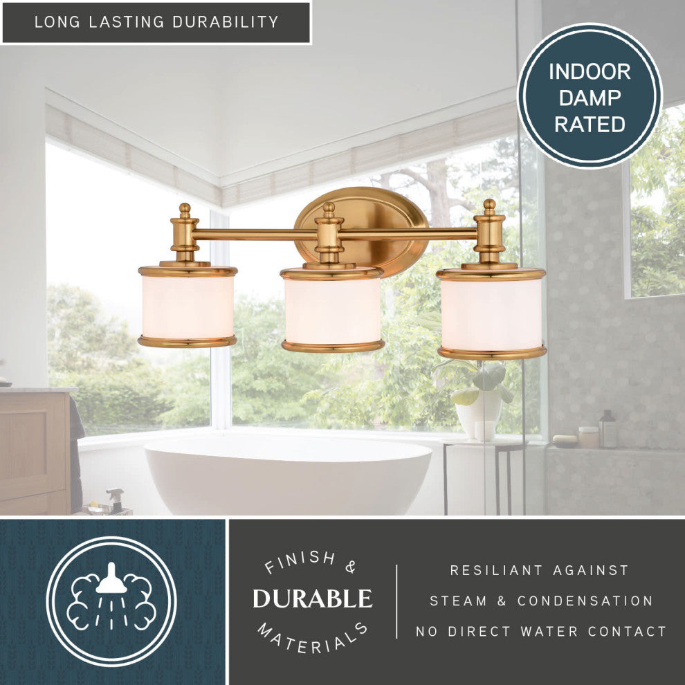Carlisle Vanity Light, Natural Brass, White Frosted Opal Glass, 3-Light