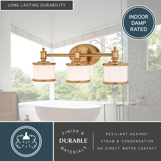 Carlisle Vanity Light, Natural Brass, White Frosted Opal Glass, 3-Light