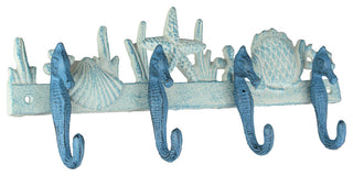 Blue/White Cast Iron Seahorses Decorative Wall Hook Hanging Towel or Coat Rack