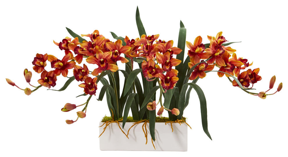 Nearly Natural Cymbidium Artificial Arrangement in White Vase