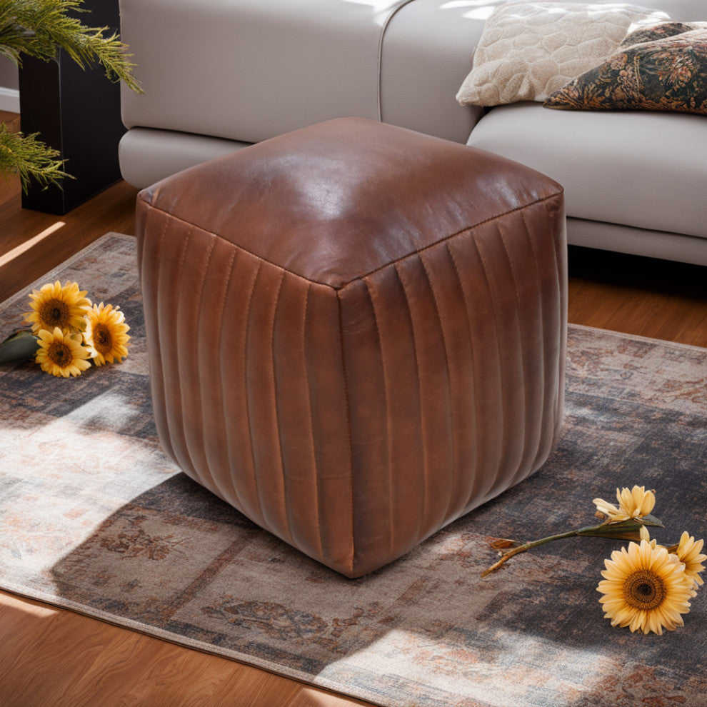 Poufs-Solid Handmade Goat Leather Pouf, Recycled Cotton Fill, Brown, 18x18x18  Square