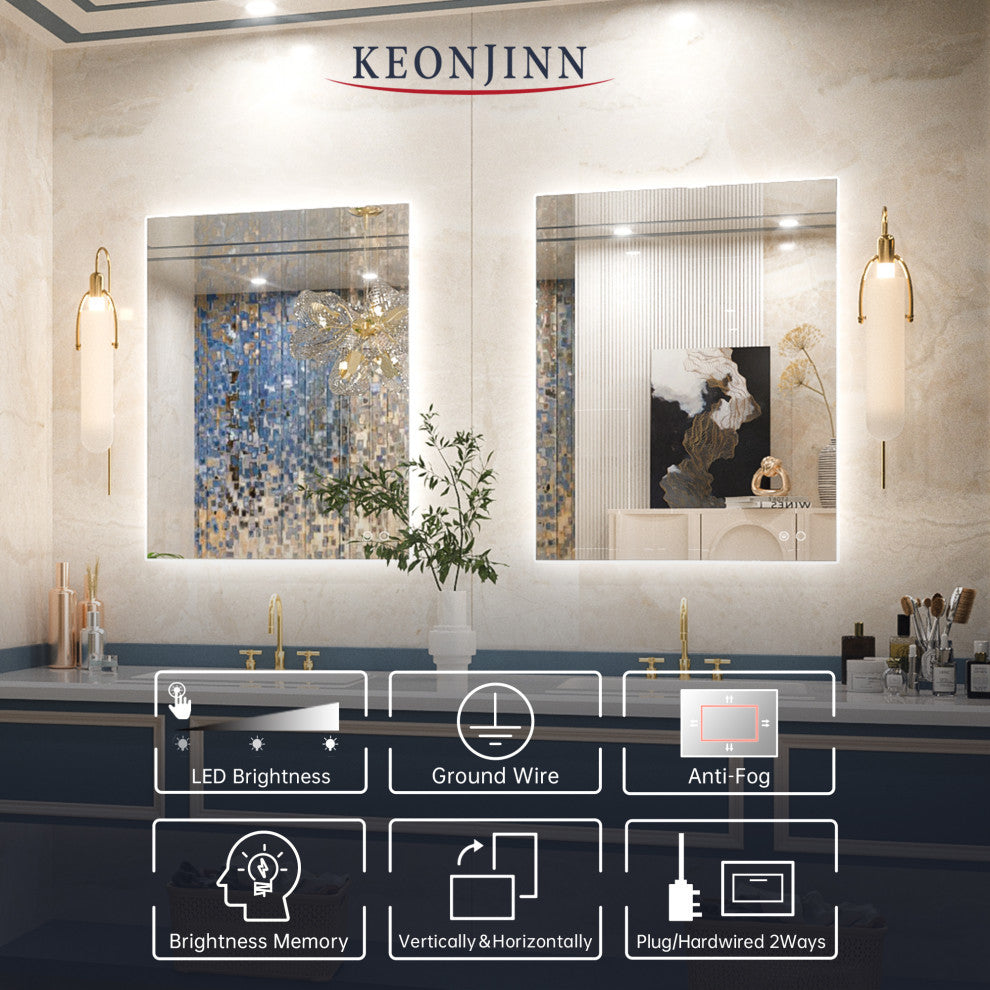 Backlit LED Mirror for Bathroom, Anti-Fog Dimmable, Silver, 36x28