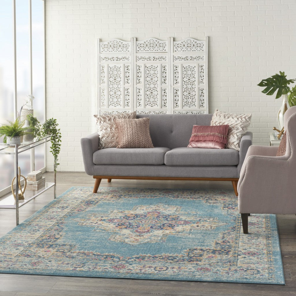 7' X 10' Blue and Ivory Medallion Power Loom Distressed Area Rug