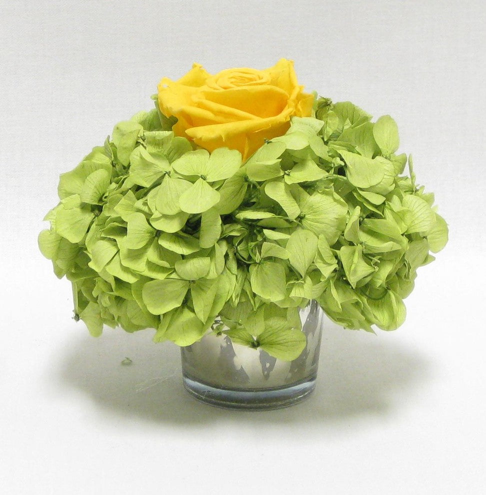 Mercury Glass Votive, Yellow Rose and Basil Hydrangea