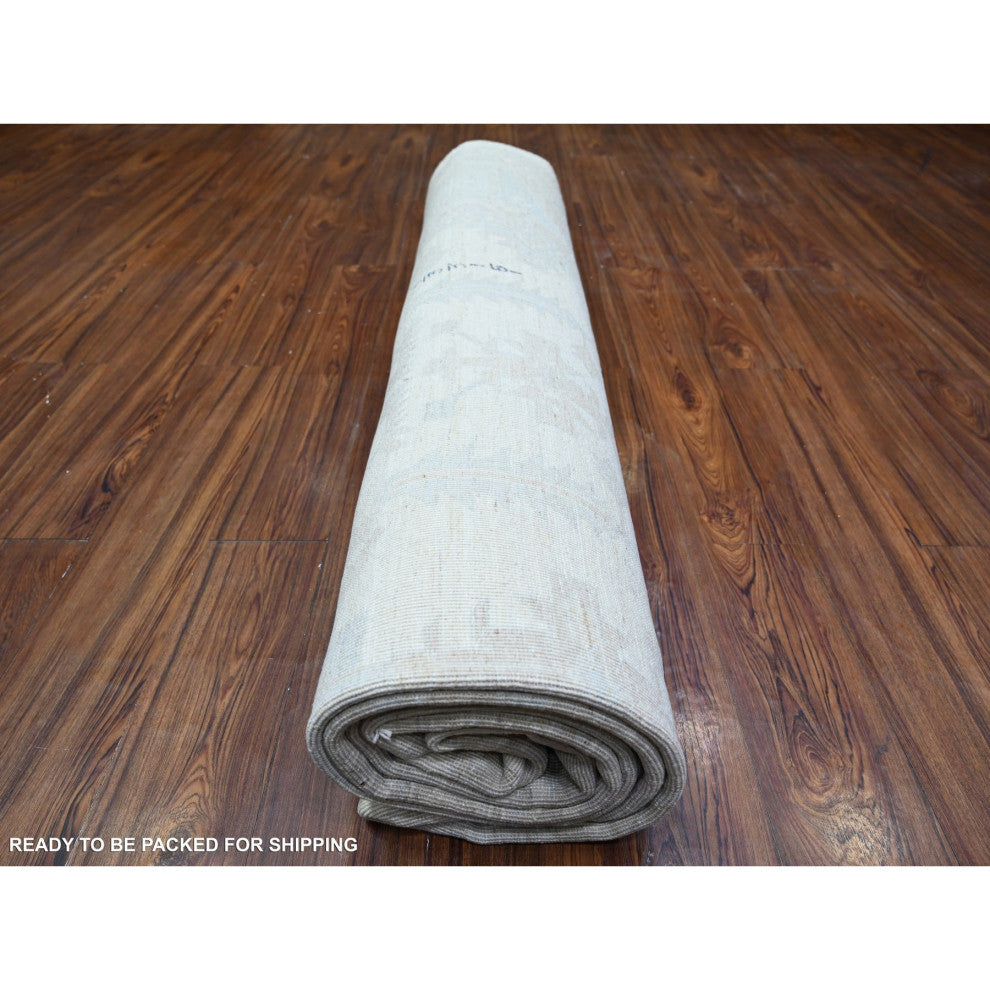 Retro White Washed Out Peshawar Wool Hand Knotted Oriental Rug, 8'9"x11'9"