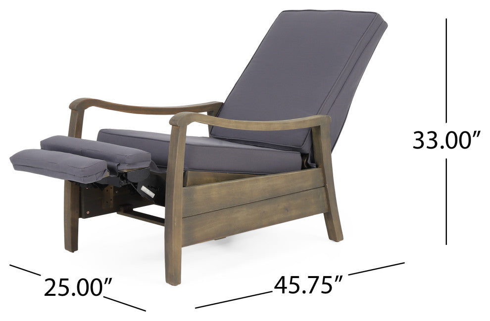 Sadlier Outdoor Acacia Wood Recliner Chair, Cushions, Set of 2, Dark Gray/Gray