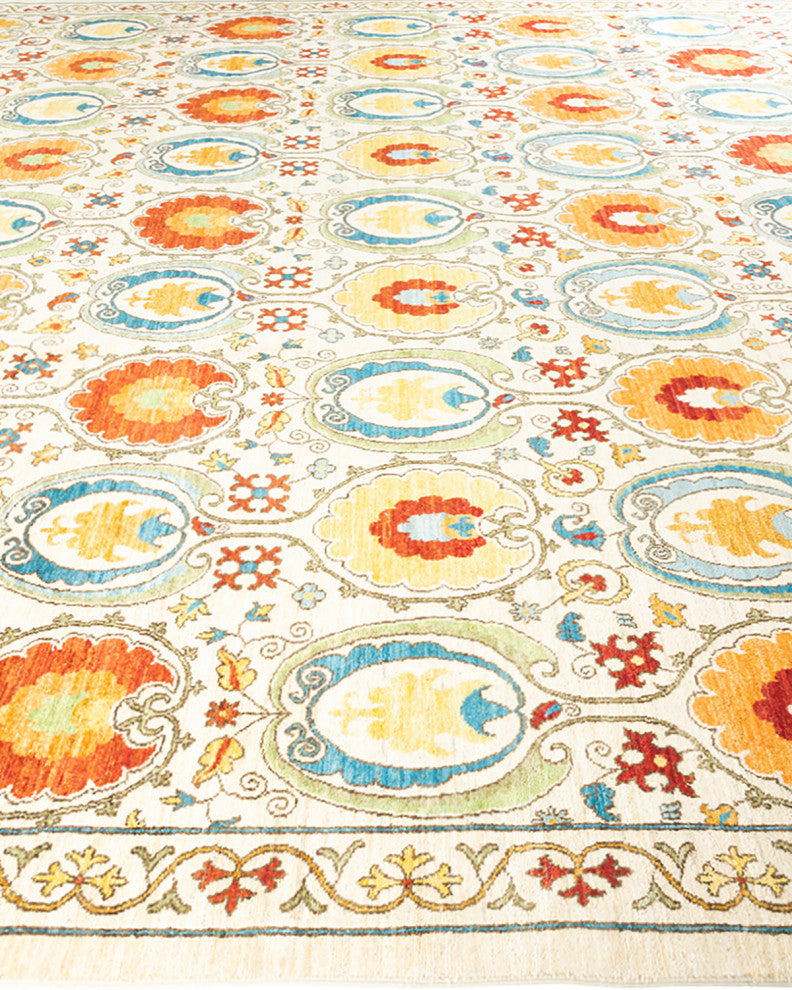 Suzani, One-of-a-Kind Hand-Knotted Area Rug Ivory, 12' 1" x 18' 8"
