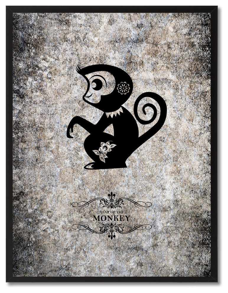 Monkey Chinese Zodiac Black Print on Canvas with Picture Frame, 28"x37"