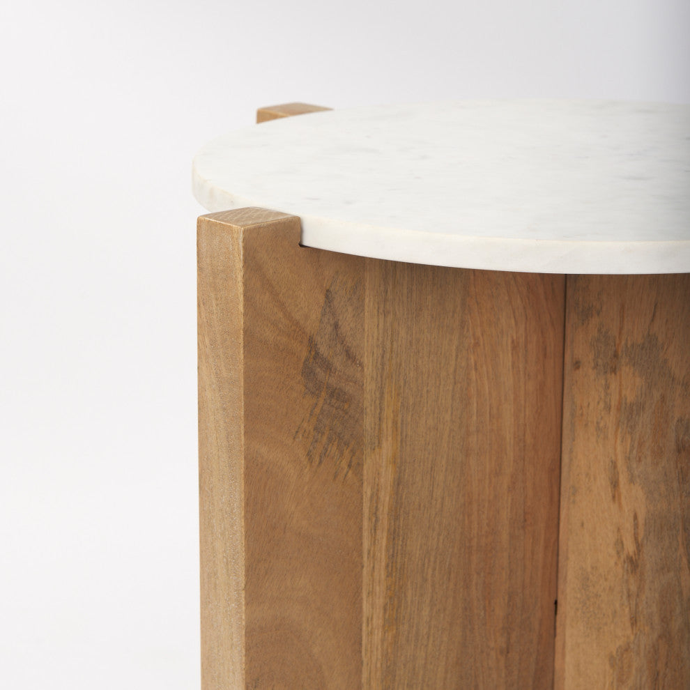 Bianca Light Brown Solid Wood w/ White Marble Top Accent Table