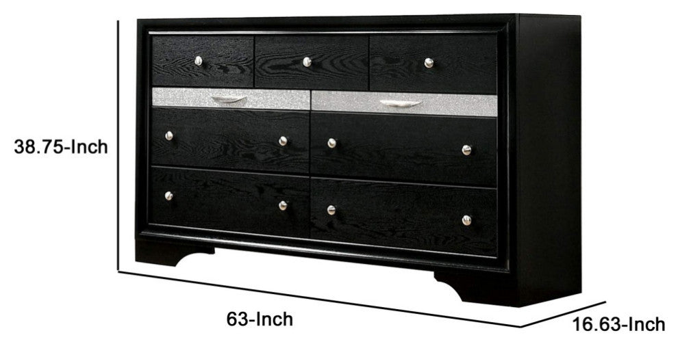 Dresser with Silver Trim Accent and 2 Jewelry Drawer, Black