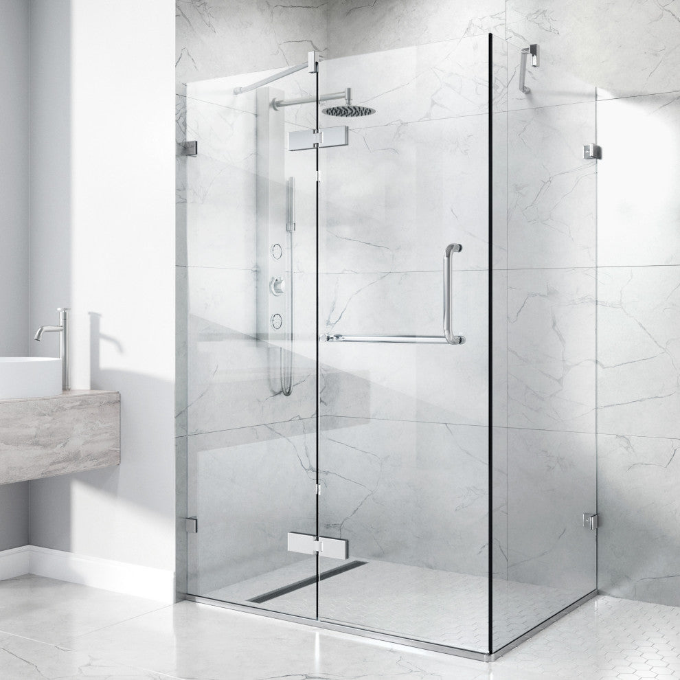 VIGO Monteray 30"D x 46"W x 73"H Frameless Hinged Shower Enclosure, Chrome, Without Base