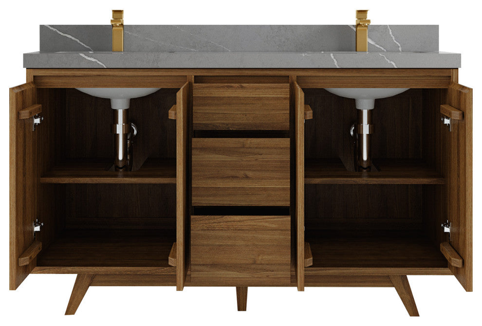 Madison Teak 60 Double Bathroom Vanity in Dark Natural 2" Piatra Gray