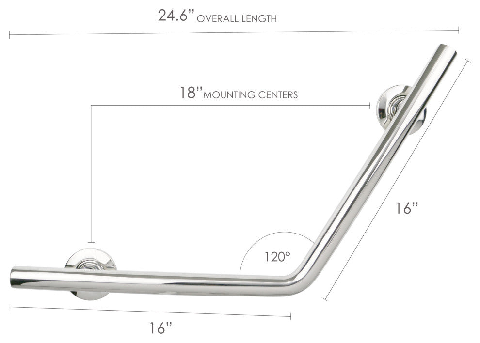 16"x16" Angled Wedge Shower Grab Bar, Satin Stainless