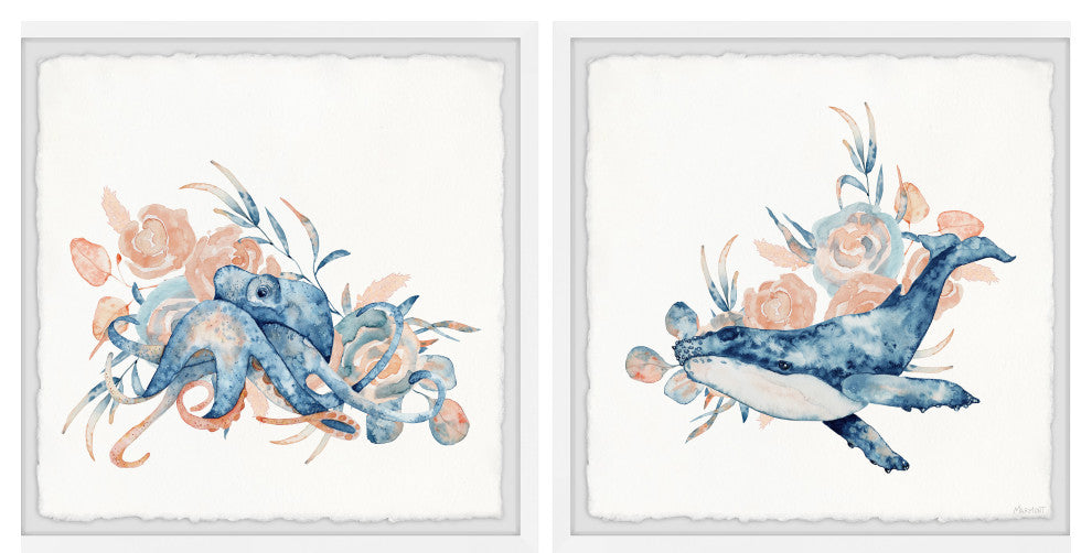 Octopus and Whale Diptych, 2-Piece Set, 18x18 Panels