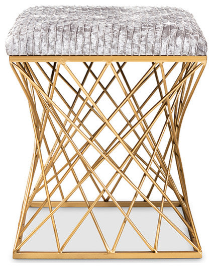 Fiore Glam and Luxe Grey Crushed Velvet Fabric Upholstered Gold Finished Ottoman