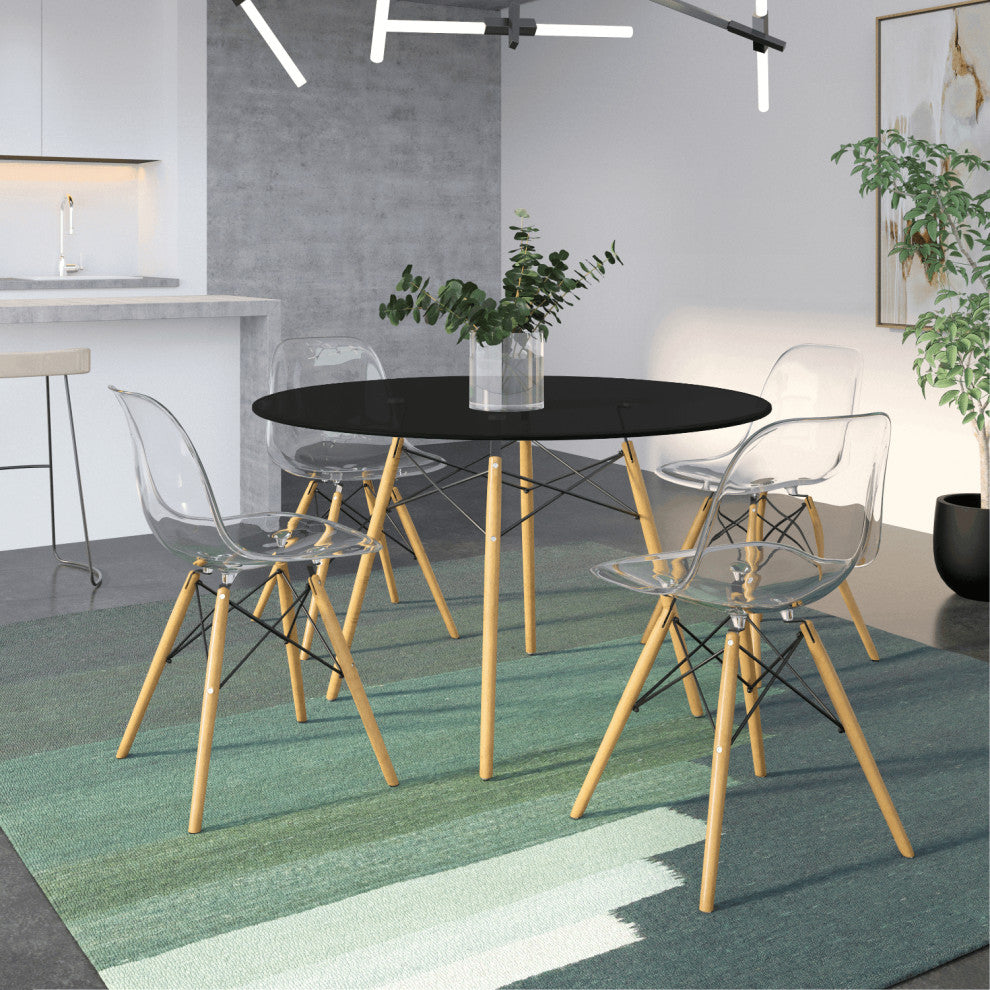 Dover Modern Round Dining Table with Natural Wood Eiffel Base & Mid-Century Top, Black