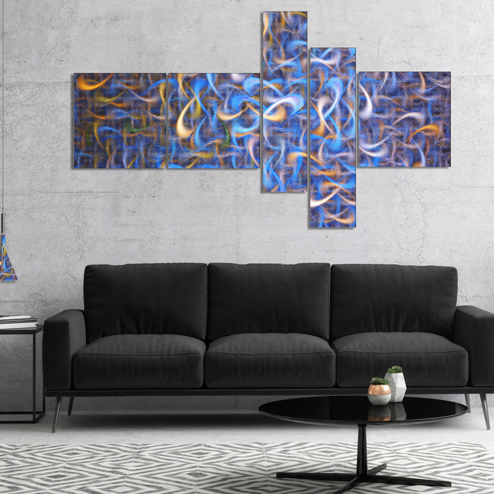Blue Golden Watercolor Fractal Art, Abstract Art on Canvas, 60"x32", 5 panels