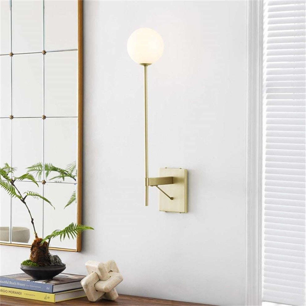 Modway Riva Metal Wall Sconce with Opal White Glass in Satin Brass