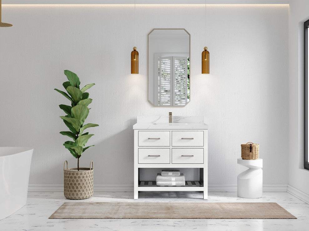 Parker 36" Single Sink Bath Vanity, White 2" Calacatta Laza