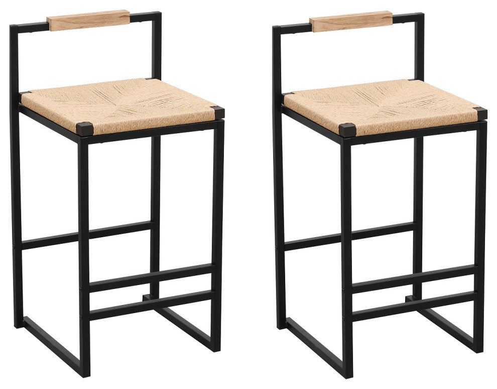 16.54" Natural Back Metal Bar Stools With Paper Rope Woven Seat, Set of 2