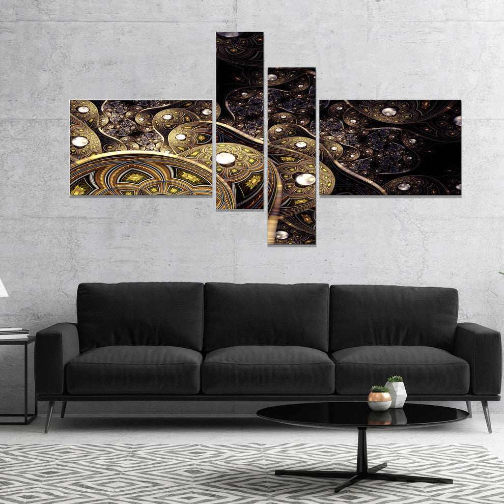 Beautiful Gold Metallic Fabric, Abstract Print On Canvas, 60"x32", 4 panels
