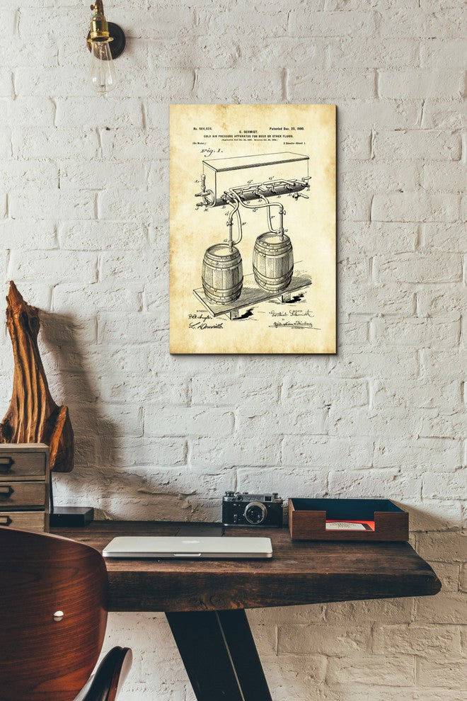 Epic Graffiti "Beer Barrel Vintage Patent Blueprint" Giclee Canvas Art, 12"x18"
