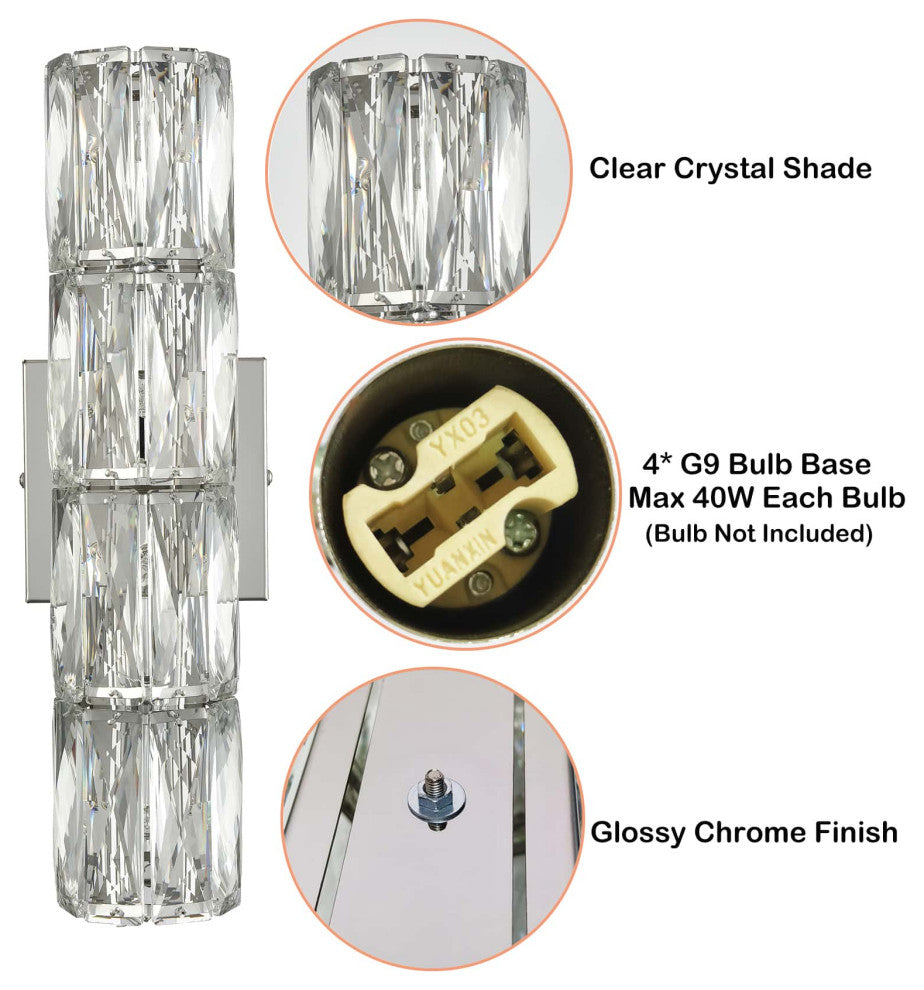 Wall Sconce Modern Crystal Light Bathroom Wall Lighting, Chrome, 4-Light