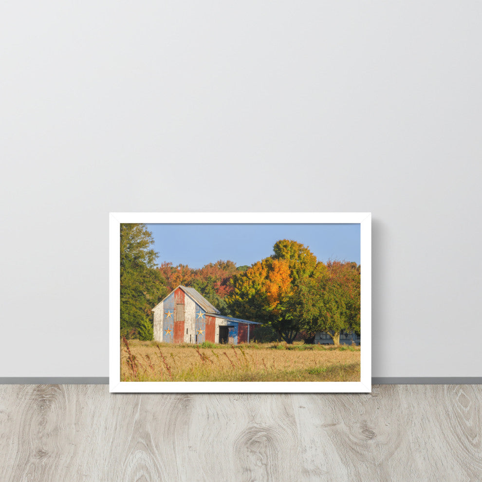 Patriotic Barn in Field Rural Landscape Framed Photo Paper Wall Art Prints, White, 12" X 18"