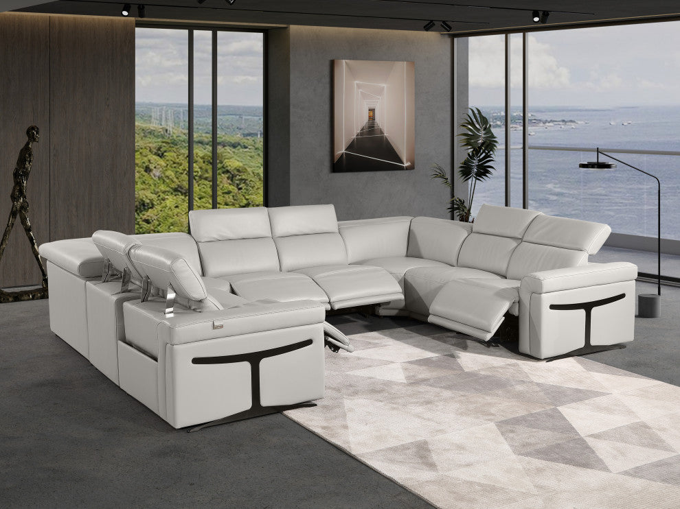 GIOVANNI 8-Piece, 4-Power Reclining Italian Leather Sectional, Light Gray