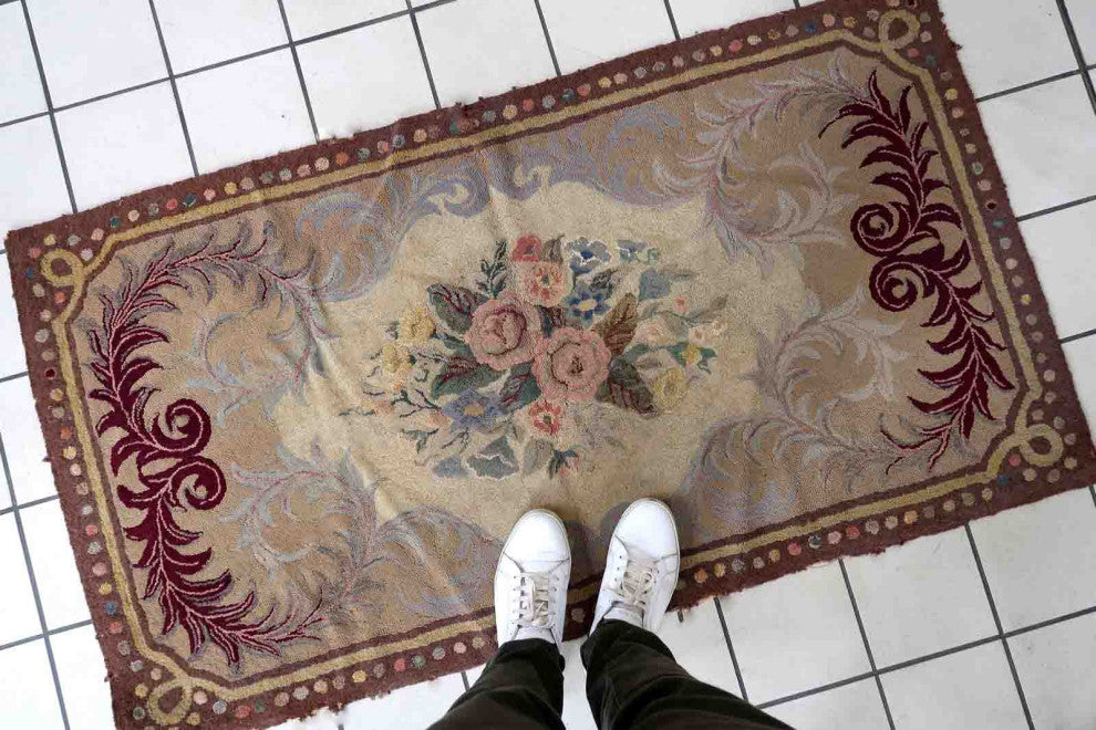 Handmade Antique American Hooked Rug 2.7'x5', 84cmx154cm 1880s